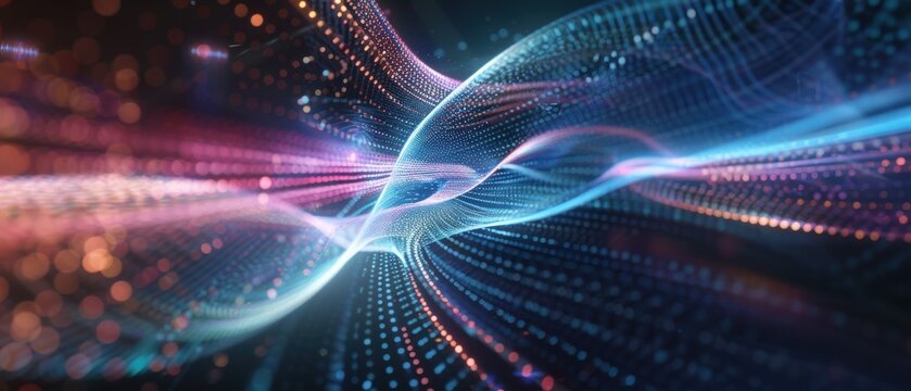 Quantum networking concept with entangled particles visualizing data transfer, futuristic design text shows abstract technological curves.