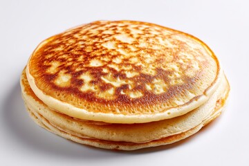 Professional studio shot of a single pancake with butter pat, isolated on white, perfect for recipe books and culinary websites.