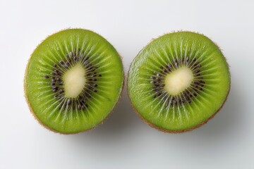 High quality studio photo of fresh kiwi halves with vivid green color, isolated on white background, ideal for culinary or organic food concepts.