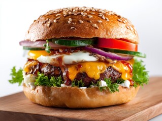 Premium studio shot of vegan burger front view featuring black bean patty and creamy cashew cheese isolated on white backdrop for alternative protein start‑up ads and nutritional infographics