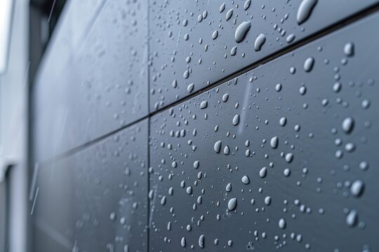 Moody day rain screen cladding system detail premium materials precise joints close-up view of sleek dark panels dotted with water droplets.