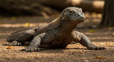 Fototapeta premium Komodo Dragon on Ground in Natural Habitat