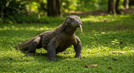 Obraz premium Komodo Dragon on Lush Green Grass in Tropical Forest