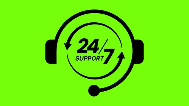 24/7 Customer Support icon Animation with Headset and Arrows on Green Screen Background, Looping Call Center Service Graphic for Tech Helpdesk, Live Chat Assistance, Round the Clock Online Support