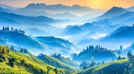 Sunrise over misty terraced mountains, rural village, scenic wallpaper