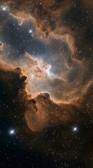 Fototapeta premium Stunning cosmic nebula, vibrant orange and brown hues, glittering stars, deep space exploration, celestial beauty. Image name Celestial Nebula.