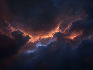 Fototapeta premium Stunning cosmic nebula, fiery clouds of gas and dust, interspersed with brilliant stars, creating a breathtaking celestial landscape. Perfect for wallpaper, screensavers or space-themed projects.