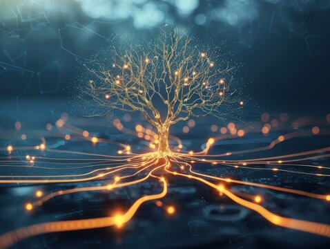 Holographic root cause analysis tree diagram, branches glow illuminating problem's path to core watermark.