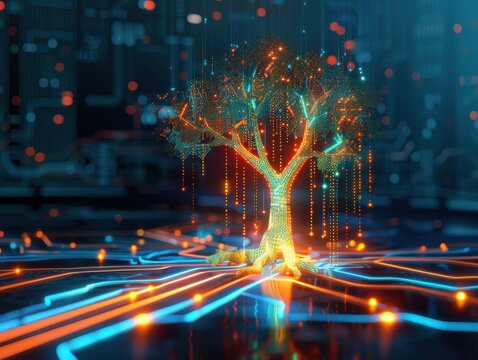 Holographic root cause analysis tree diagram comes alive problem branches illuminate the path to core issue a digital watermark.