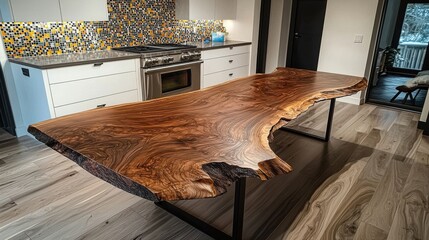 walnut wood slab dining table in a contemporary luxury kitchen, paired with a mosaic tile backsplash, minimalist decor, and elegant lighting