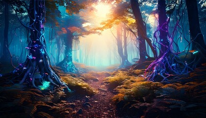 Obraz premium Hologlow: Metallic Trees in a Prismatic Mist
