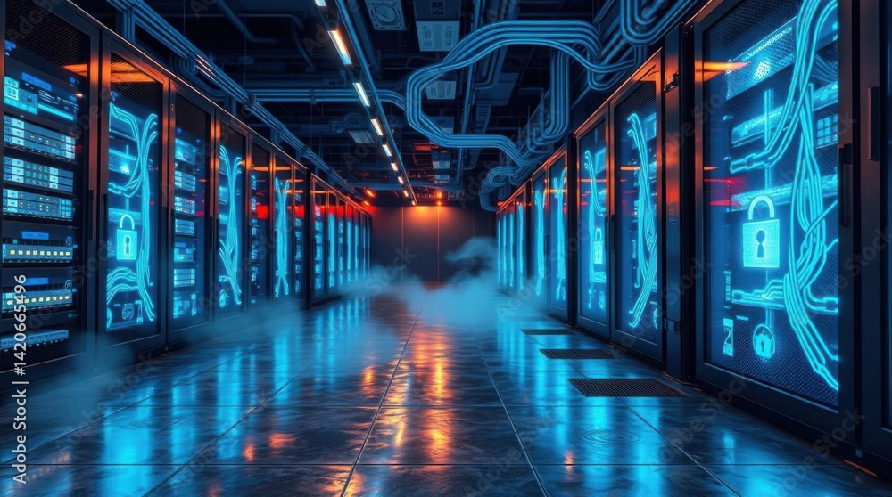 Poster Secure data center with server racks and cyber security lock icons glowing