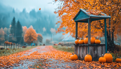 A quaint pumpkin stand amidst autumn leaves, set against a misty landscape, showcasing vibrant fall colors and a serene path.