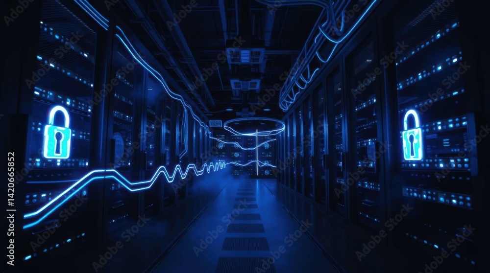 Leinwandbilder secure data server room with blue neon lights and network connection