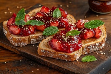 Delicious homemade strawberry jam spread on toasted slices of whole wheat bread, garnished with fresh mint leaves and a sprinkle of sesame seeds, presented on a rustic wooden board