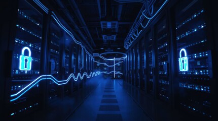 Secure data server room with blue neon lights and network connection