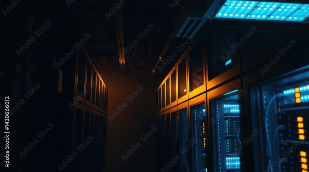 Poster Server room data center with multiple computer racks and blue lights