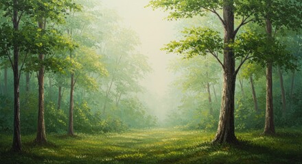 Fototapeta premium Serene Green Forest Path in Morning Mist