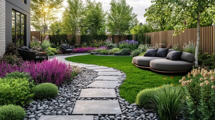 Modern, landscaped backyard oasis with comfortable seating and a winding pathway. Lush greenery, vibrant flowers, and stylish outdoor furniture create a tranquil retreat