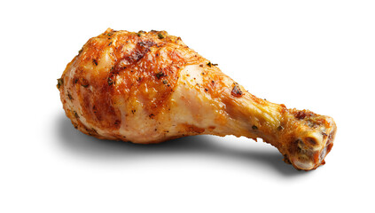 Isolated roasted chicken drumstick with crispy golden brown skin, grilled poultry leg meat, cooked chicken food on transparent background
