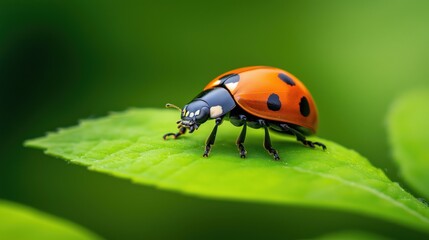Fototapeta premium Bright ladybug on a verdant leaf during a sunny day in a lush garden.