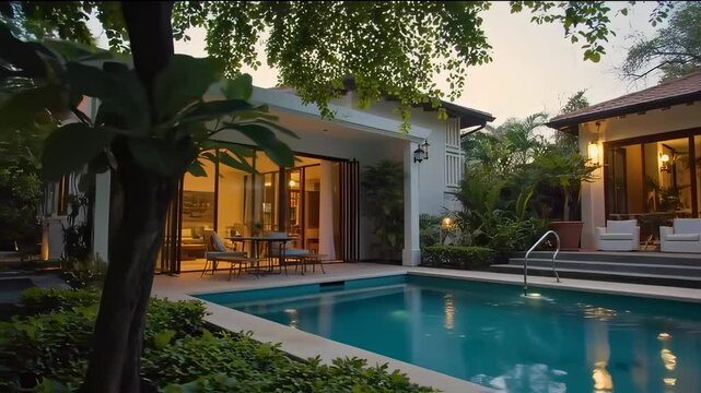 Minimalist architecture of modern tropical villa with private pool at sunset
