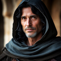 Close-up portrait of a man in medieval hooded attire.