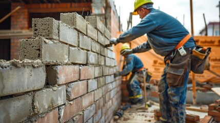 Bricklayers meticulously building a wall with precision, focused shot, at a residential construction site