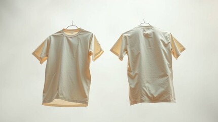 Two beige t-shirts hanging on hangers front and back view studio shot