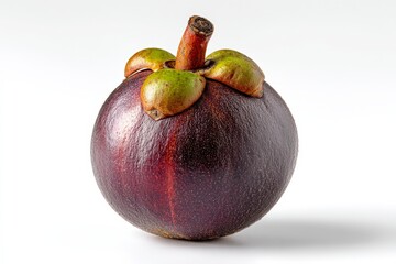 Detailed studio capture of mangosteen fruit isolated on pure white emphasizing thick husk and glossy surface for antioxidant superfood campaign and high‑end culinary branding assets