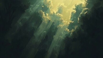 Obraz premium Sunbeams filtering through a dense forest canopy, creating a mystical, dreamlike atmosphere. Ideal for backgrounds, websites, and design projects.