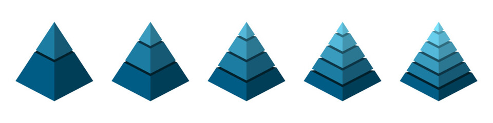 Pyramid diagram infographic set. Conceptual progression of pyramid. 2, 3, 4, 5, and 6 parts