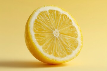 High quality studio photo of a vibrant yellow lemon slice, isolated on white background, ideal for refreshing or citrus concepts.