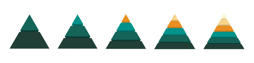 Colorful pyramid. Triangle diagram infographic set. Conceptual progression of pyramid. 2, 3, 4, 5, and 6 parts	