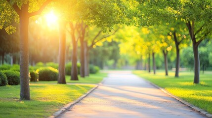 Fototapeta premium Sunlit garden trees with soft bokeh, a serene escape into nature's warmth.