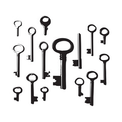A collection of keys with a key in the middle silhouette White Background.