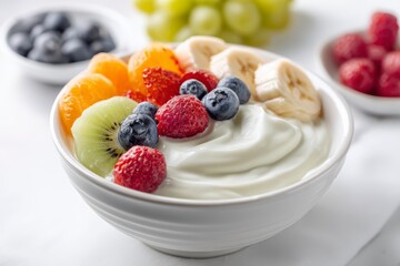 Close‑up studio image of creamy yogurt swirled with berry topping in transparent bowl, isolated on white for probiotic health brochures, low‑sugar dessert adverts and culinary blog graphics