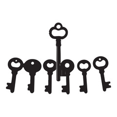 A collection of keys with a key in the middle silhouette White Background.