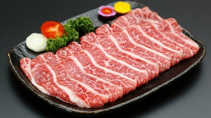 Fototapeta premium Thinly sliced beef curling in hot sukiyaki broth
