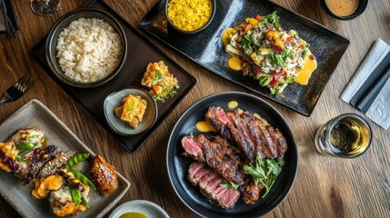Tonkatsu alongside freshly cooked rice and small side dishes on wood grain table