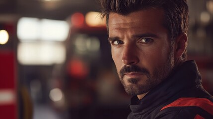 Fototapeta premium Determined firefighter in uniform looking back with confidence after a challenging rescue operation in a fire station setting, surrounded by emergency vehicles