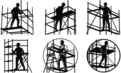Construction worker on scaffolding silhouette black vector art set design
