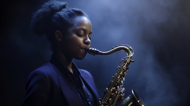 stage photograph of a young musician playing a saxophone on a dimly lit Hyperrealistic