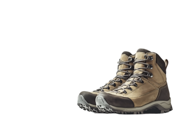 Hiking boots, sturdy footwear, outdoor adventure gear, tan and brown, isolated on white.