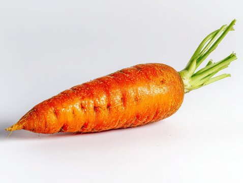 High quality studio photo of a whole fresh carrot isolated on a clean white background, showcasing its vibrant orange color and texture for healthy food or culinary concepts.