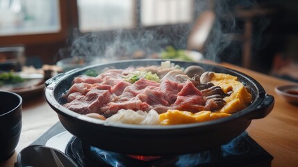 Traditional sukiyaki pot on a wooden table with steam rising