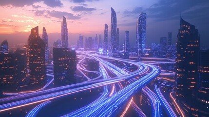Obraz premium A futuristic cityscape with illuminated buildings and highways at dusk