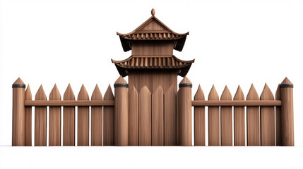 Naklejka premium A stylized wooden fence with a pagoda-style gate, showcasing traditional architectural elements and intricate design.