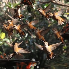 A flurry of hummingbirds in flight
