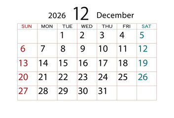 2026年カレンダー12月(2)